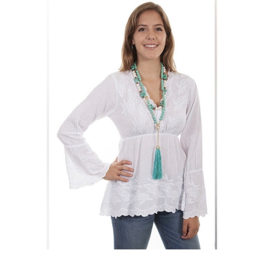 Scully Blouse Bell Sleeves Peruvian Cotton Embroidered Size Large